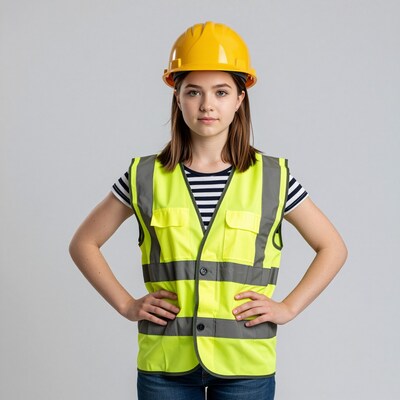 Young woman in safety vest and hard hat