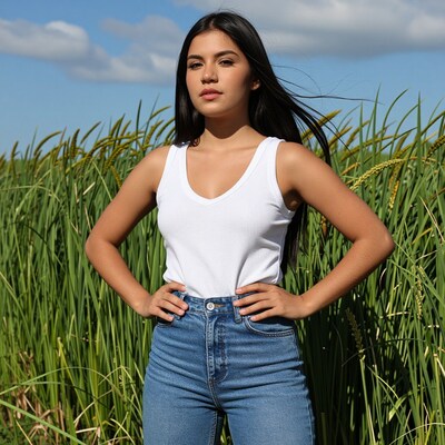 Young woman in white tank top in field