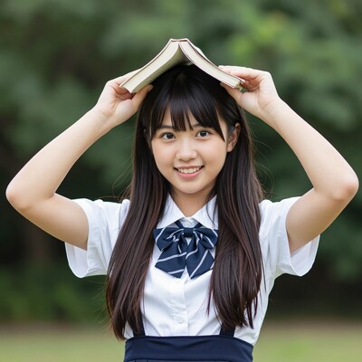 Japanese schoolgirl balancing book on head