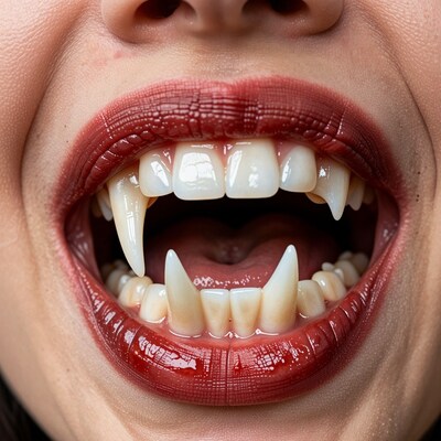 Woman with vampire fangs