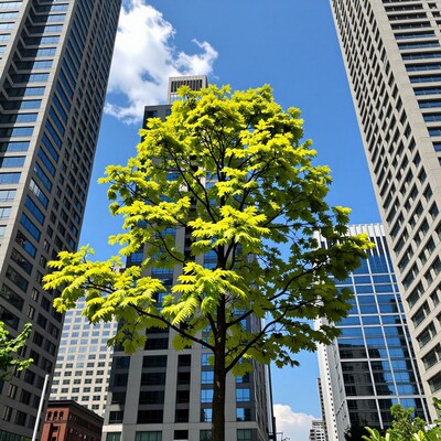 Bright Tree in City Skyscrapers