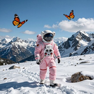 Astronaut in Pink Suit on Snowy Mountain