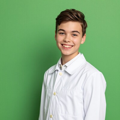 Smiling teenage boy in white jacket