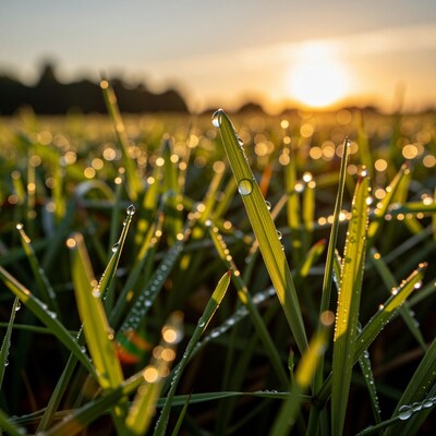 Dew on Grass at Sunrise