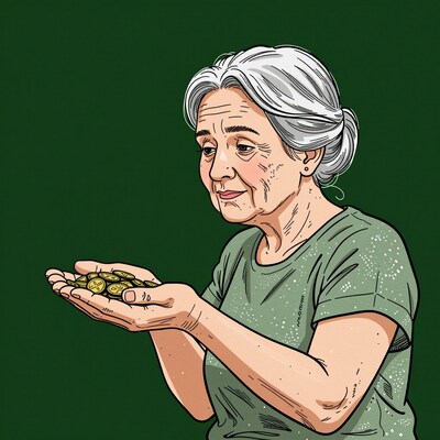 Elderly woman holding cryptocurrency coins