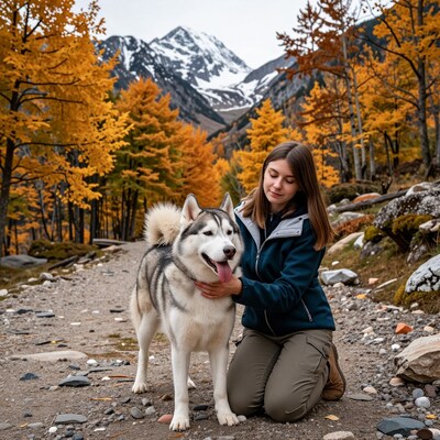 Woman with Husky in Autumn Mountains
