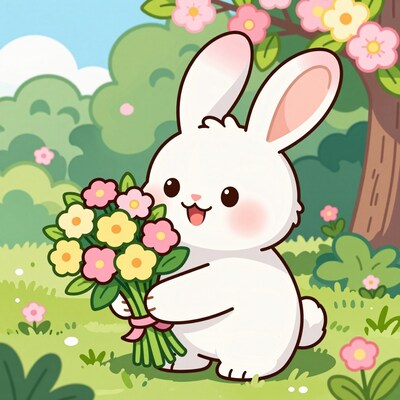 Cute white bunny with flower bouquet
