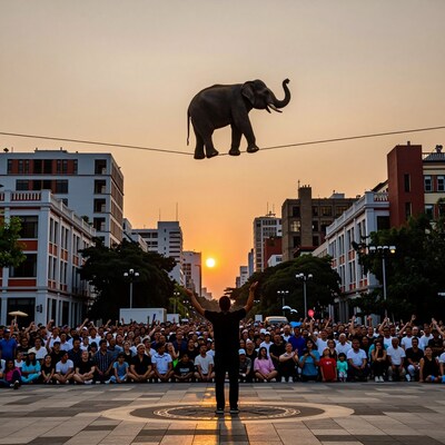 Man Balancing Elephant on Tightrope