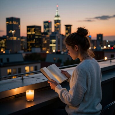 Woman reading book on city balcony at dusk