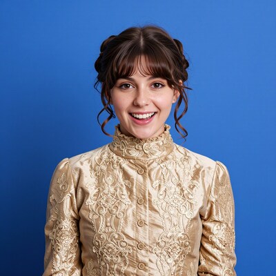 Smiling Young Woman in Gold Dress
