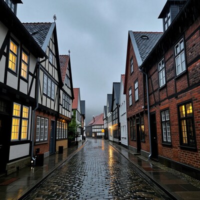 Rainy Cobblestone Street