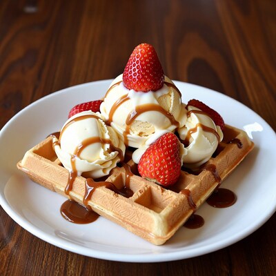 Waffle with Ice Cream and Strawberries