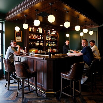 Men at dark wood bar counter