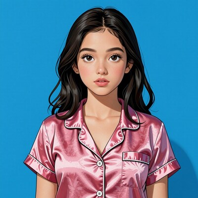 Young woman in pink satin pajamas