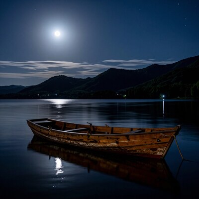 Wooden boat under full moon