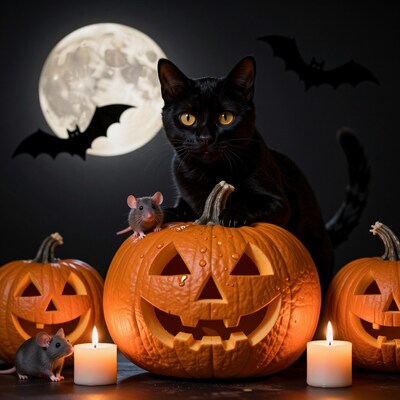 Black Cat on Halloween Pumpkin