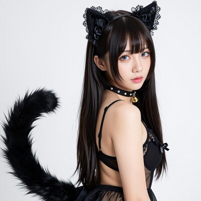 Asian woman in black cat costume