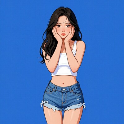 Cute Asian Girl in Denim Shorts