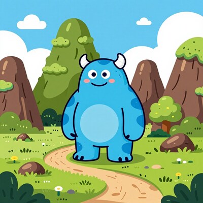 Blue Monster in Cartoon Landscape