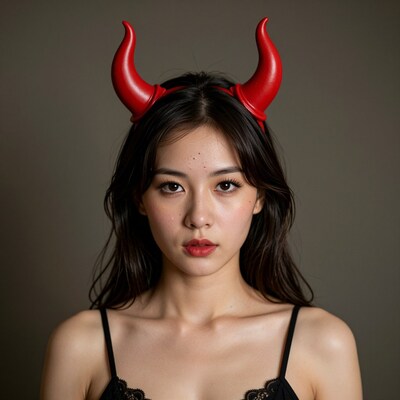 Asian woman with red devil horns