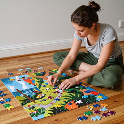 Woman assembling jungle puzzle