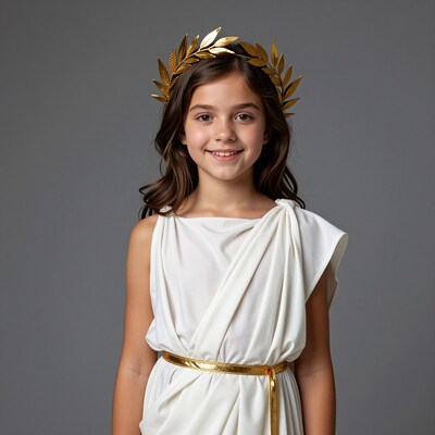 Young girl in Roman toga and laurel wreath