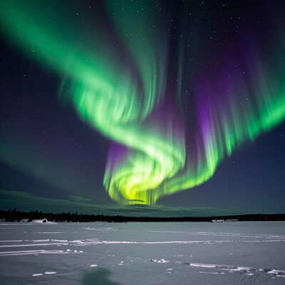 Aurora Borealis Over Snowy Landscape