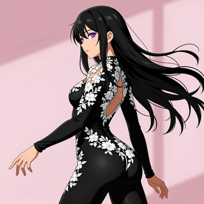Anime Girl in Black Floral Dress