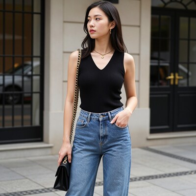 Asian woman in black tank top and jeans