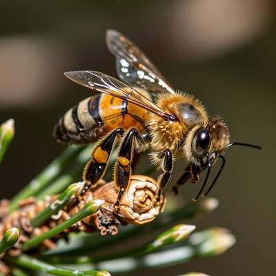 Honey Bee on Pine Branch