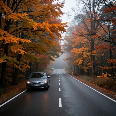 Car on foggy autumn road