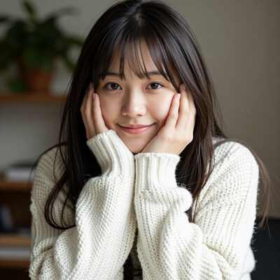 Smiling Asian woman in white sweater
