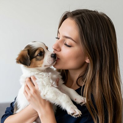 Woman kissing puppy