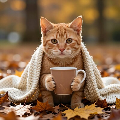 Cozy Ginger Cat with Mug in Autumn Leaves