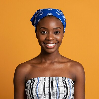 Smiling African Woman in Blue Headwrap