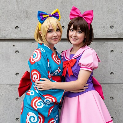 Blonde and Brunette Cosplay Girls Hugging