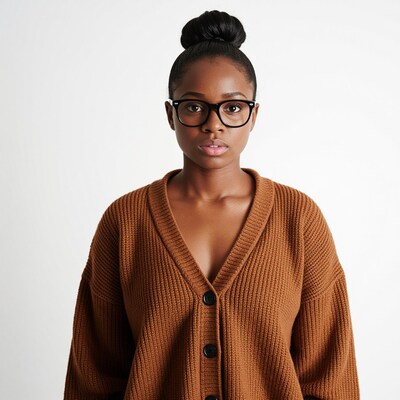 Black woman with glasses in brown cardigan