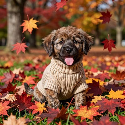 Puppy in sweater autumn leaves