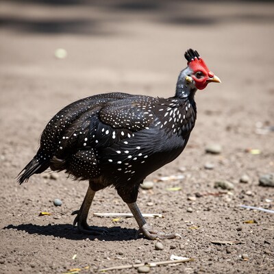 Guinea fowl walking on dirt