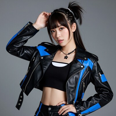 Asian woman in black blue biker jacket