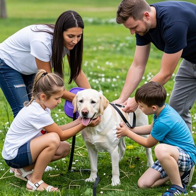 Family petting yellow Labrador in park
