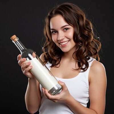 Smiling woman holding milk bottle