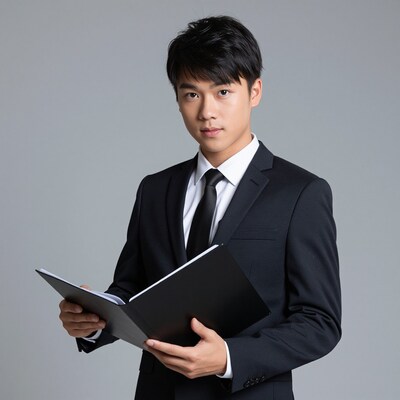 Young Asian Man in Suit Reading Book