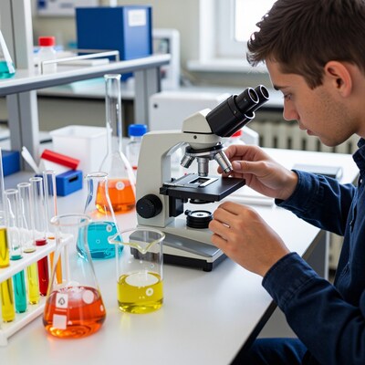 Young man using microscope in lab