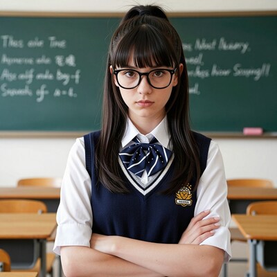 Serious Japanese schoolgirl in classroom