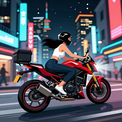 Woman on red motorcycle