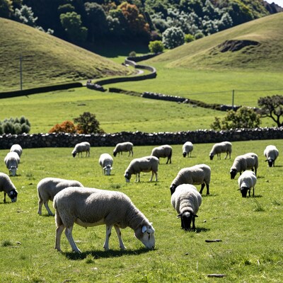 Sheep Grazing on Green Hills