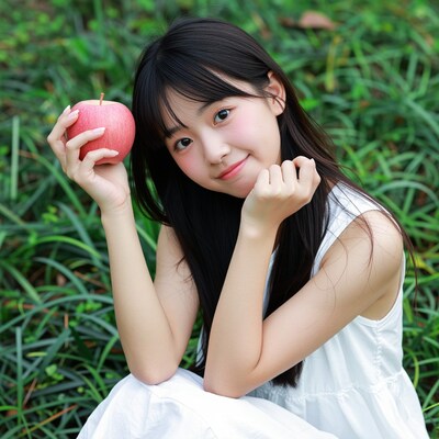 Young Asian woman holding red apple
