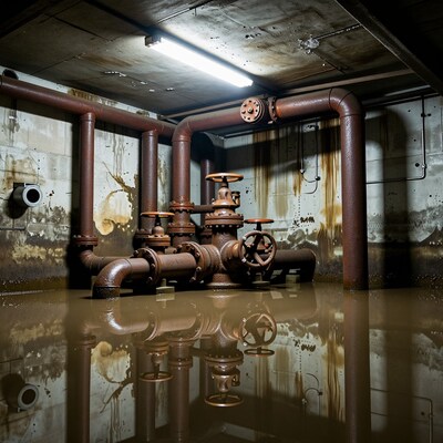 Rusty Industrial Pipes in Flooded Basement