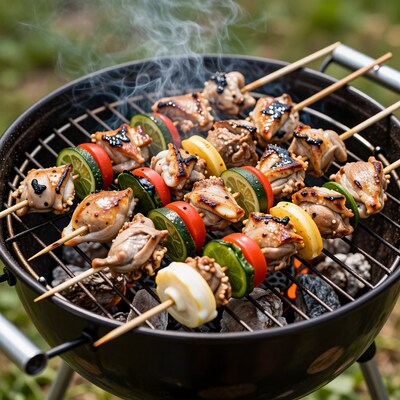 Chicken skewers on grill